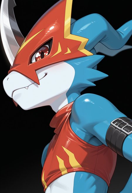 masterpiece,best quality,amazing quality, 1boy, solo, fl4m3dr4m0n, digimon (creature), crop top, horned helmet, close up, side angle, smug,