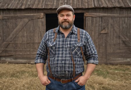 photo of a chubby, beefy swiss farmer standing in front of an old rusty dark swiss barn, wearing plaid lumberjack shirt with buttons open and dirty blue worker pants, hairy chest, dslr, ultra quality, sharp focus, tack sharp, crystal clear, 8K UHD