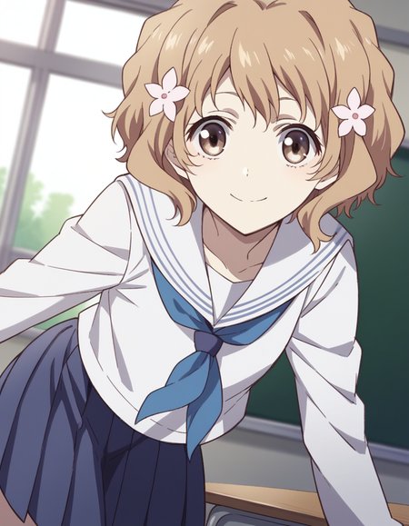 score_9, score_8_up, score_7_up, source_anime,
ohanamatsumae, <lora:ohana-matsumae-s1-ponyxl-lora-nochekaiser:1>,
ohana matsumae, short hair, brown hair, hair ornament, brown eyes, flower, hair flower,
skirt, school uniform, serafuku, blue skirt, pleated skirt, neckerchief, blue neckerchief, long sleeves,
indoors, classroom, bent over, smile,
looking at viewer, cowboy shot, solo, dutch angle,