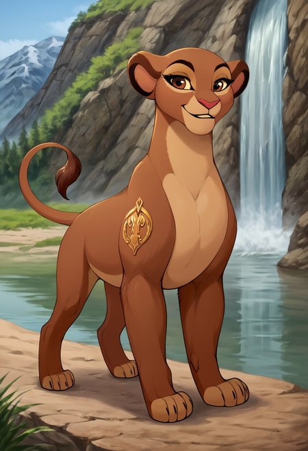 score_9, score_8_up, score_7_up, by reallynxgirl,  BREAK, solo, rani, lioness, ((feral)), female lion, fullbody,  brown body, reddish brown eyes, smiling, seductive pose, detailed background,  (seductive pose:1.2), (raised tail:1.6), lake, waterfall background, detailed background, front view, (seductive face), (teasing), (looking at viewer)