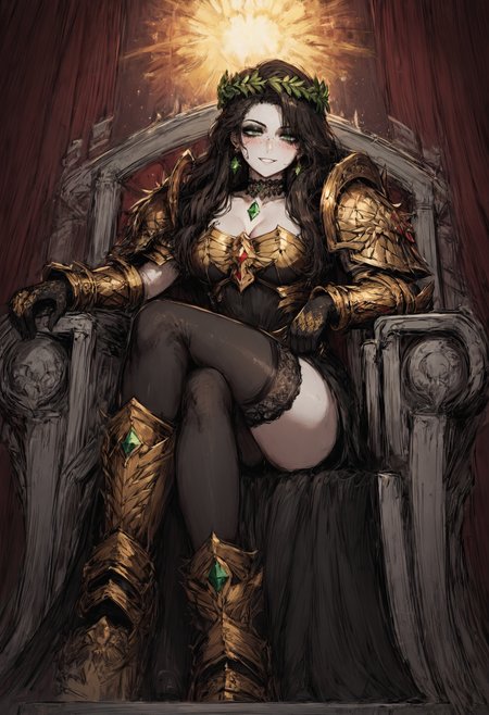 score_9, score_8, score_7, godrays, focus from below,
1girl, long hair, dark brown hair, bang, green eyes, white pale skin, mascara,earrings, black eyeshadow, freckles, diamond shape face, 
wearing golden armor, black dress, choker, black lace gloves, black tighhighs, seductive smile, blushing, sitting on throne, lifted legs, Laurel wreath,
throne room, <lora:Emperor:0.6>,
<lora:Black_souls_style:0.8>, <lora:Expressive_H:0.3>, <lora:cutesexyronutts_style_xl:0.8>, <lora:THRD_r1:0.6>, THRD,