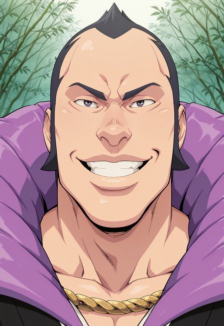solo, masterpiece, detailed, uwa, huge filesize, ultra hd, best quality, (absurdres, highres), 1boy, official art, bright, 

BleachOmaeda, black hair, short hair, japanese clothes, gold chain, purple collar, portrait, headshot, smiling, looking at viewer, japanese garden background