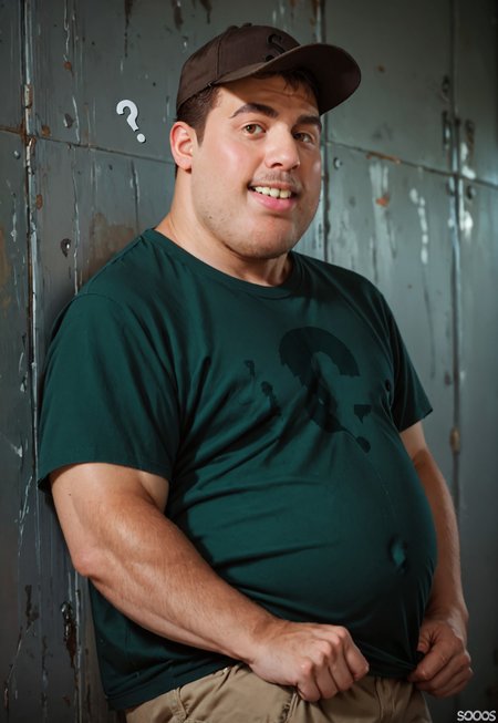 score_9,score_8_up,score_7_up,score_6_up, Soos, (1boy, solo, male focus, fat man, brown eyes, brown hair, thin eyebrows, buckteeth, stubble,) (green t-shirt, black question mark logo,) baseball cap, photorealistic, photograph,