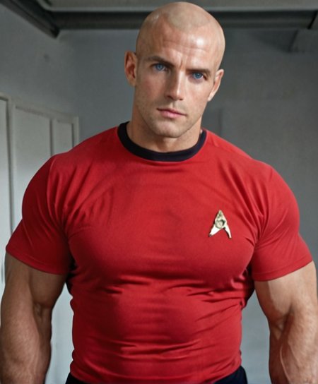 1boy, 20 year old male, Handsome, masculine, blonde, star trek, red shirt, muscle,  tall, tight shirt, wide pectorals, big shoulders, wide shoulders, muscular neck, German, bald, big pale blue eyes, abs, biceps,

stunf, star trek uniform,