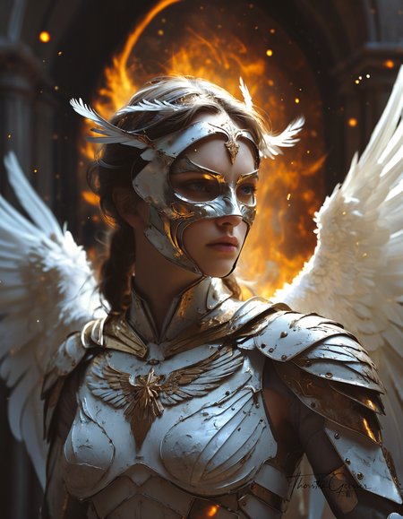 A photorealistic portrait of a merciless archangel, their face a mask of divine beauty and unwavering resolve. Their eyes, windows to a soul hardened by countless battles, burn with an intensity that pierces through the veil of reality. Their expression is a symphony of conflicting emotions: righteous fury, unwavering determination, and a hint of sorrow for the fallen. Their wings, a majestic expanse of shimmering feathers, are spread wide, casting a shadow of divine judgment upon the world. The background is a maelstrom of celestial energy, swirling with nebulae, stars, and distant galaxies, creating a sense of infinite power and cosmic scale. The lighting is dramatic, highlighting the archangel's sculpted features and the intricate details of their armor and wings. The overall effect is one of awe and reverence, a testament to the raw power and unyielding will of a celestial being.  <lora:MJ52.safetensors:0.60>  <lora:Model\Anna_024.safetensors:0.50>