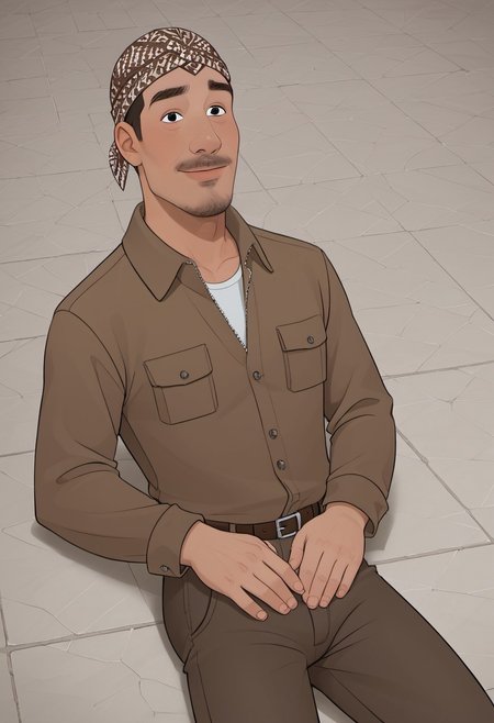 safe_pos, score_9, score_8_up, rating_nsfw, ultra hd, absurdres, best quality, masterpiece, masculine, solo, 1male, male focus, best anatomy, best eyes, best hands, erotic, nsfw, gay porn, CIJoko, brown top, brown pants, facial hair, mustache, goatee, black eyes bandana, laying on the ground, view from top