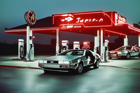 delorean driving by a gas station at night, art by vintagehelper, motion blur, depth of field, bokeh, wide angle, red neon signs, hazy lights