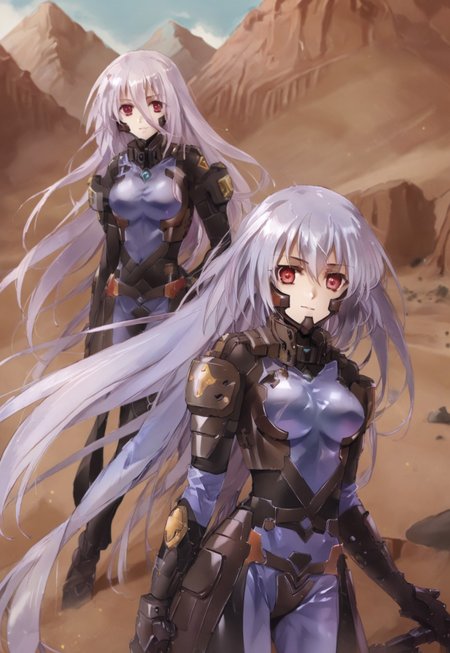 safe_pos, (score_9:0.9),score_8_up,score_7_up,rating_safe,anime style,(zPDXL),(zPDXL3),<lora:The Iris Swordsoul ponyXL v1.1:0.76>,purple eyes,light purple hair,fleurdelis, the iris swordsoul, 2girl, double, smile, closed mouth,  smile, 
schwarzesmarkenfortifiedsuit, pilot suit, impossible bodysuit,red eyes,,desert,schwarzesmarkenfortifiedsuit, pilot suit, impossible black bodysuit, whole body, Sexy Pause, 