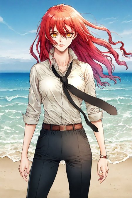 score_9, score_8_up, score_7_up, score_6_up, score_5_up, score_4_up,  <lora:mak1ma0XL_Pony_v1:0.8> , mak1ma0, red hair, long hair, ringed eyes,white collared shirt,black necktie, black pants, <lora:boichi_style_illustriousXL-000029:1>, boichi_style, 1girl, solo, alone, standing , beach, sand, sea,