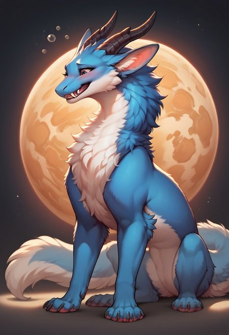 score_9, score_8_up, score_7_up, score_6_up, score_5_up, score_4_up, furry art, Darra, furry art, feral, furred dragon, female, white and blue fur, big ears, horns, tail, chest fluff, paws, fangs, embarrassed, happy, faded blue eyes,  staring off into space, extra fluffy, quadruped, drunk, intoxicated