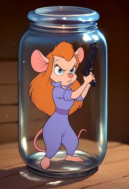 score_9, score_8_up, score_7_up, BREAK 1girl, Gadget, animal ears, furry female, mouse ears, mouse tail,angry, looking at viewer,holding a shotgun with both hands, in a jar, detailed background, Expressiveh