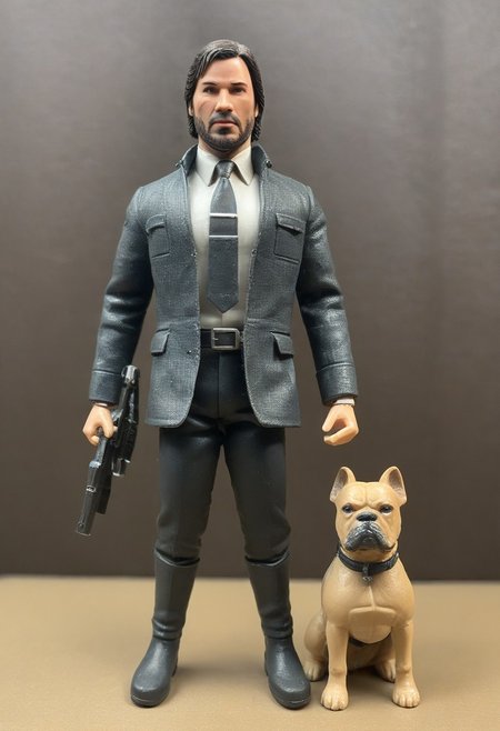 1987 Action Figure Playset Packaging of John Wick.  The John Wick Action Figure is packaged with companion bulldog and accessory pistol.