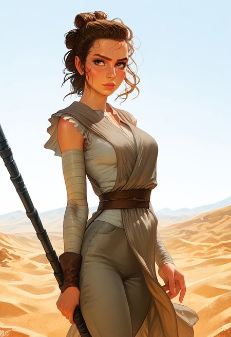 score_9, score_8_up, score_7_up, score_6_up,
1 girl, 1 gorgeous girl)
rey_star_wars, brown hair, hazel eyes, and light skin, brief freckles
Slim body, beautiful face, big eyes, perfect body, small breasts
hair tied in three buns

wearing a distressed beige wrap top, layered brown vest, loose sand-colored pants with bandaged ankles, and worn leather boots, detailed fabric textures, (tattered scavenger clothing), (desert dust on clothes), holding a metal staff

standing facing the viewer, in the desert, sunny day

portrait picture, frontal picture