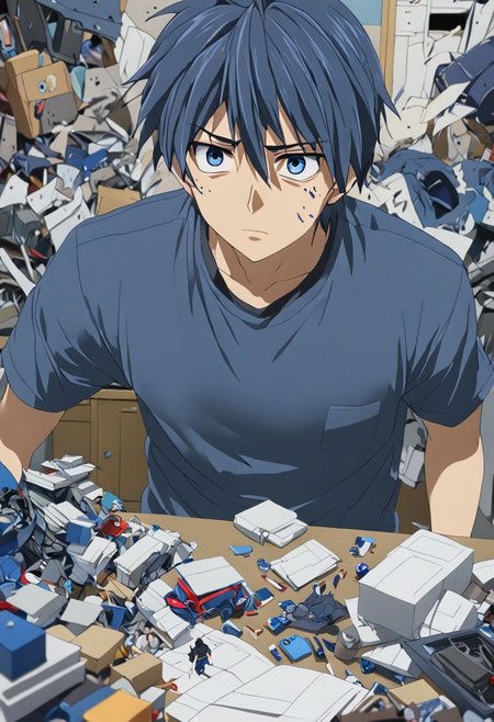 Anime Style, easynegative, detailed_eye_model, Highres, Masterpiece, High Quality, 4K, 8K, solo, 1boy, Tomoya Okazaki, Deep Blue Eyes, Grey Blue Hair, full of things, messy, anxious, confused, panicked, in trouble, looking for something