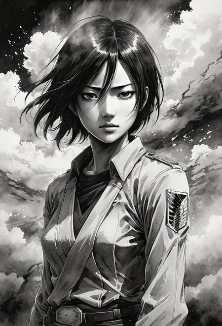 Mikasa Ackerman (Attack on Titan style:1.2), ink wash painting, dreamlike, flowing black and white brushstrokes, dramatic lighting, strong pose, subtle hint of sensuality, Asian features, detailed flowing hair, emotional expression, eyes closed (serene:1.1), night sky with wispy clouds in background