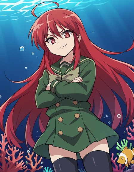 score_9, score_8_up, score_7_up, source_anime, <lora:shakugan-no-shana-s1-ponyxl-lora-nochekaiser:1>, shana, long hair, red hair, red eyes, ahoge, sidelocks,, school uniform, serafuku, green serafuku, bowtie, green bowtie, green shirt, green sailor collar, long sleeves, green skirt, buttons, thighhighs,, seafloor, coral, fish, underwater, blue, , crossed arms, smug, looking at viewer, solo,, dutch angle, cowboy shot