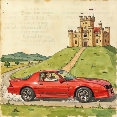 Illuminated manuscript illustration of a king driving a red 1980s Camaro, doing donuts on the lawn in front of a castle