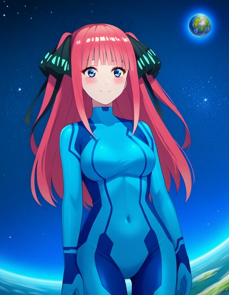score_9, score_8_up, score_7_up, source_anime, <lora:nnakano-s2-ponyxl-lora-nochekaiser:1>, long hair, bangs, blue eyes, hair ornament, hair ribbon, pink hair, blunt bangs, two side up, butterfly hair ornament, mature female,, <lora:samus-aran-cosplay-ponyxl-lora-nochekaiser:1>, samusarancosplay, samus aran \(cosplay\), blue bodysuit, bodysuit, covered navel, skin tight, zero suit,, space, planet, earth \(planet\), star \(sky\), galaxy, nebula, moon, blush, smile,, cowboy shot, dutch angle, solo,