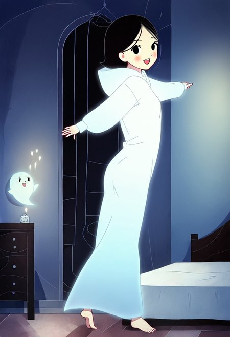 zPDXL3, source_cartoon, Perfect Hands, full body,
1girl, solo, aged down, bedroom, looking at viewer, saoirse, black hair, black eyes, blush, ghost, hood up, robe, barefoot, glowing, dancing on bed, from behind, facing at viewer, feeling cold, eyes open, smile, open mouth, sleeve past wrist, slim body, highlight cloth wrinkle, anime style, kicking, jumping,
<lora:Perfect Hands:1>  <lora:Saoirse_-_The_Song_of_the_Sea-000009:1>