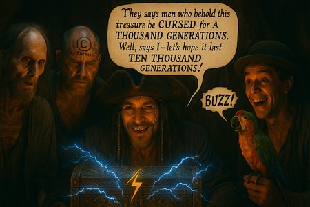 Create a highly detailed and realistic ultra-high-definition photograph; a cinematic movie still from a new and original pirate film.

In a shadowy grotto, cinematically lit, we see four mangy-looking pirates—original characters, each with distinct physical features—surrounding an antique and beautifully made wooden treasure chest that crackles with blue electrical energy. The first pirate, on the left side of the image, has a strikingly gaunt face and long wispy hair and appears to have lost his right eye; in its place is a darkened hollow eyesocket. The second pirate, next to him, is a hardened man, balding on top of his head with a few thin wisps of hair sticking out the sides of his head; among many assorted pirate and sailor tattoos decorating his face and head, there is a prominent tattoo in the center: a boldfaced letter C outlined by a hexagonal shape in the regular orientation with points on the top and bottom above the word “CivitAI” stamped right in the center of his dirty and oily bald tattooed head. The third pirate, who is in the center of the photograph directly behind the treasure chest, is their charismatic captain; an original character not based on characters in any pre-existing franchises, with long and mangled greasy hair with a few braided strands tied at their ends by colorful cloth, his skin tanned and heavily inked, he has an extremely expressive face, eyes accentuated by dramatic black eyeliner; on his head he wears a tattered and frayed oversized tricorn hat, with a devilish and greedy smile revealing a gold tooth, a handsome jaw; with eyes lined with black eyeliner he gazes at the treasure with a covetous greed: it is the treasure he's been searching his whole life for. In a speech bubble, he exclaims: \[They says men who behold this treasure be CURSED for A THOUSAND GENERATIONS. Well, says I, let's hope it be TEN THOUSAND GENERATIONS!] The lettering in the speech bubble is hand-written with a quill in old-timey pirate-style script. The fourth pirate, on the right side of the image, is a younger man in his 20s with bright youthful eyes who wears a tattered bowler hat and has a big smile revealing his haggard mouth and missing teeth. On his hand is perched a brightly-colored and equally mangy-looking parrot. The parrot is in mid-squawk with an open-beak, shouting: “BUZZ!” (This text is stylized to indicate screaming/squawking.) There is only one parrot.

The front panel of the antique treasure chest is marked with intricate carvings coalescing around an intriguing and mysterious-looking emblem of a glowing yellow lightning bolt. The pirates are all gazing intently at the treasure with wide eyes and greedy smiles. The overall vibe of the image is cinematic and highly realistic, with dramatic lighting. Cinematic wide aspect ratio 16:9