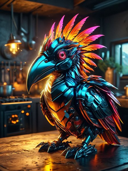 Psychedelic style A high definition epic photograph of (( A Helmeted Hornbill bot featuring a solid steel casque on its beak, equipped with vibration sensors that allow it to detect distant sound waves and communicate via resonant calls., Conducting an imaginary cooking show in their kitchen while wearing chefâs attire, narrating every step dramatically as if they were on live television.)), Infront of Vibrational Consciousness Mountains: Peaks that resonate with emotional and thought frequencies. in the background.Rainy: Overcast skies release precipitation in the form of rain, nourishing the earth and refreshing the air.(dynamic:1.1), sun rays,, (taken by 7.5mm fisheye lens:1.1),shots  showing emotions, shiny reflective metal, Mechanical elements, rainbow flare elements slightly.((Complex Machinery)) cyborg
 = ((Vivid, HDR, Canon50, 8K, Hyper Realistic, Dramatic, Epic, Dynamic Contrast, Cinematic Lighting, increased brightness)) (((Zoomed Out, Far away Shot))) = =. Epic dynamic lighting . =vibrant, highly detailed, psychedelic
((Vivid, Epic, Dynamic contrast)) (((Zoomed out, Far away shot, In frame)), 
<lora:juggernautXL_version6Rundiffusion:0.8> 
<lora:glowneon_xl_v1:0.6> glowneon, glowing, sparks, 
<lora:atlantysUltimanimeXL_atlasAtlantys:0.8><lora:epicrealismXL_v5Ultimate:0.8>
<lora:extremely_detailed:1>  <lora:eyetune:1>
<lora:TransformersStyleXL:0.8> TransformersStyle  <lora:SDXLFaeTastic2400:0.6> <lora:Dynamic Poses:0.8> <lora:crystalClearXL_ccxl:0.8>, - Generate images with sharp edges and fine details.
- Produce high-resolution images with no blurriness or distortions.
- Create images with clear and well-defined subjects.
- Ensure that the output images have crisp lines and distinct features.
- Generate images with vibrant colors and accurate tones.
- Avoid noise or artifacts in the generated images.
- Focus on producing clear textures and patterns in the images.
- Emphasize clarity and definition in all aspects of the generated images.
- Prioritize the sharpness and clarity of the main subjects in the images.
- Optimize the AI model to produce clear and visually appealing images., Wlop . Vibrant colors, swirling patterns, abstract forms, surreal, trippy