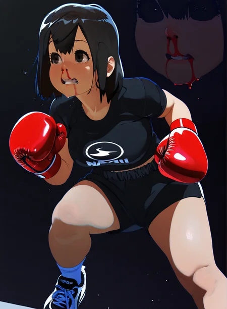 1girl, close shot,  <lora:Naze_V2:1> naze, medium breasts, short black hair, dark background, ((deep shadows)),  <lora:nose_bleed:0.6> nose bleed, blood, (nosebleed), sportwear, boxing gloves, mouth guard, shorts, sports shoes, socks, t-shirt, in guard position, "NAZE", masterpiece, best quality, amazing quality, very detailed