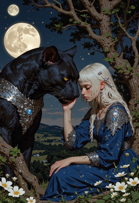 A mystical elven princess with flowing silver-white hair kneels beneath an ethereal full moon, cradling the face of a majestic black panther. Her sapphire-blue gown, embroidered with intricate silver filigree, shimmers in the moonlight, and delicate jewelry glows with arcane energy. The panther, adorned with an ornate silver breastplate embedded with a luminous gemstone, gazes into her eyes with fierce devotion. Twisted roots and ancient vines frame the scene, while pale celestial flowers bloom in the moonlit glade. The background features a vast, star-filled night sky with twin crescent moons, casting an enchanting glow. The atmosphere is serene yet powerful, filled with magic and lunar energy.
<lora:FluxMythV2:0.6> <lora:fantastic-realism:0.6> <lora:flux.1_lora_flyway_Epic-detail_v2:0.5> <lora:Anima-Portrait-Midjourney-FLUX:0.7>