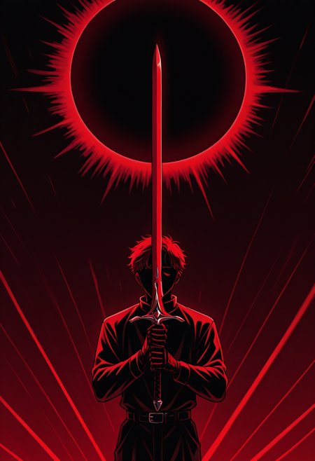masterpiece, best quality, ,  <lora:Lines_Light_Background_Illustration:0.8>, (lines_light_background:1.2), 1boy solo, holding sword, dark theme, red theme, solar eclipse,