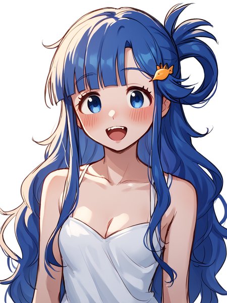 score_9,score_8_up,score_7_up, <lora:idolmaster_cinderella_all:1>ï¼1girl, :d, asari nanami, bad id, bad twitter id, blue eyes, blue hair, blush, cleavage, fish hair ornament, long hair, open mouth, simple background, sketch, small breasts, solo, upper body, white background