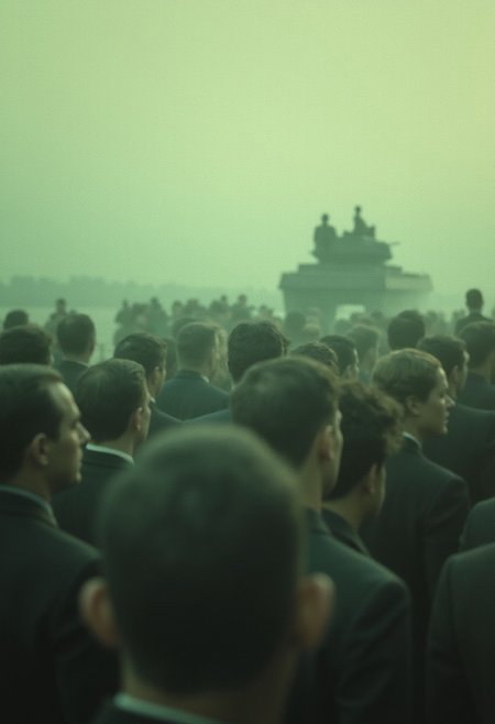 "A blurry, candid shot of a crowd marching silently, their faces smudged into oblivion, vintage film texture, muted greens and yellows fading into gray, a tank’s silhouette dissolving into the horizon, dreamlike and heavy." cinematic_1940s cinematic_octane