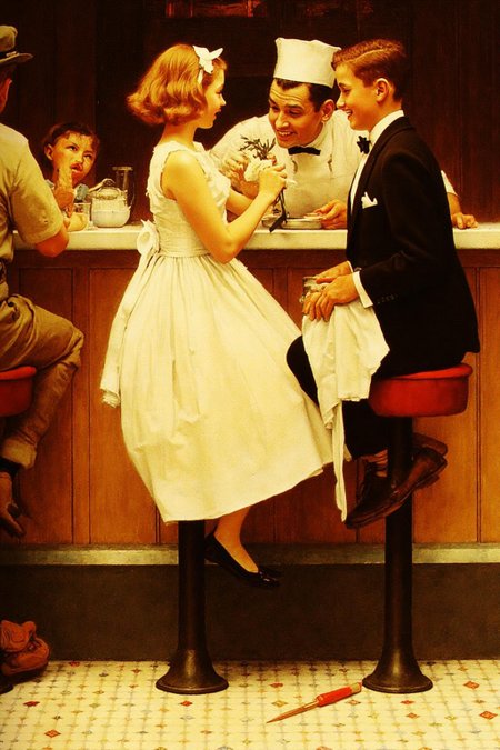 normanrockwell1 painting. 
Inside a 1950s-style diner, a young girl with shoulder-length hair, dressed in
a knee-length, white, sleeveless dress, sits on a red and chrome stool. She is
showing her bouquet of flower to the waiter behind the counter.
On the right sits a boy wearing a tuxedo, looking at the girl with a smile.
 <lora:normanrockwell1_cap_d6a3e12:1.0><lora:841445533076839384:0>