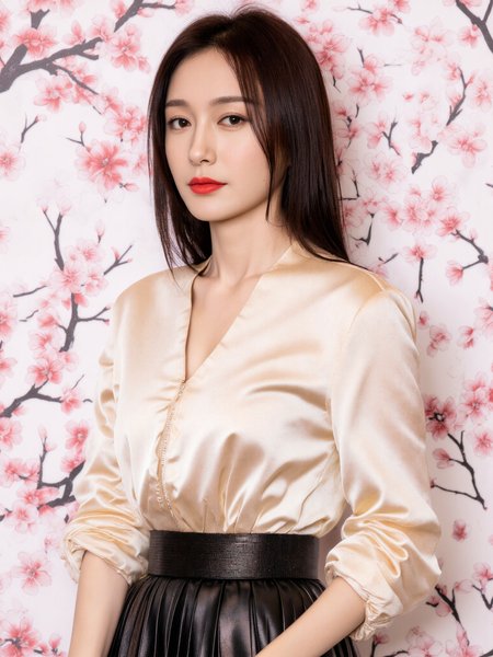 This is a high-resolution photograph featuring a young Asian woman with fair skin, standing against a backdrop of a soft pink and white cherry blossom pattern. She has long, straight, dark hair and wears a light beige blouse with a silky texture and a high-waisted, black leather mini-skirt. Her makeup is minimal, with a focus on bold red lipstick. The image is well-lit, with soft, even lighting that highlights her features and the textures of her clothing. The camera angle is slightly below eye level, creating a sense of intimacy and focus on her. The composition follows the rule of thirds, with her face and upper body positioned along the left vertical line, drawing the viewer's eye naturally across the image.