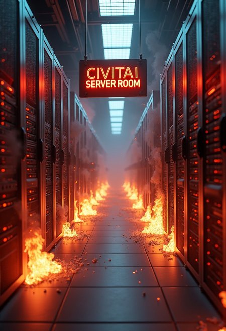 Create a hyper-realistic image of a state of the art server room with rows and rows of servers which are on fire and smoking with electrical arcing. Hanging from the ceiling is a sign that says "CIVITAI SERVER ROOM".
 highest-Quality, 8k, intricate details, visually stunning, Masterpiece.