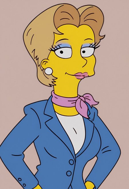 ((bedroom background)),score_9, score_8_up, score_7_up,score_6_up, 
1girl, solo, Chloe_TS, yellow skin, black eyes, dark blonde hair, short voluminous hair, hairsyle elegant, pink lipstick, white pearl earrings, lilac eyeshadow, pink scarf, blue formal jacket, blue formal skirt, white fitted blouse underneath, blue high heels, tall stature, social smile, sexy face, close-up, face photo, perfect eyes, perfect smile, looking at the viewer, big breasts, detailed eyes, perfect eyes, very close-up, standing, hands on hips
