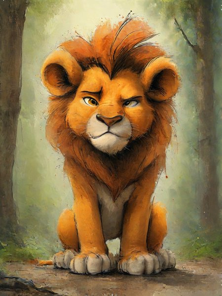impactful color paint of cute drawing of  a brave lion, exploring a magical forest, dynamic pose, ((masterpiece)), (best quality), detailed ,    <lora:Cute_Drawing:0.7>