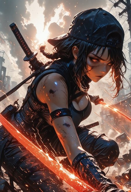 highres, very detailed, amazing quality, masterpiece, very aesthetic, particle effect, cinematic lighting, volumetric shadows, detailed face, 
1girl, mature, sexy face, solo, large breasts, toned body, sleeveless jacket, ripped pants, backwards hat, arm bands, straps, hip harness, dynamic action pose, mid-air, slashing with katana, braided hair, glowing sword trail,   
high-tech ruined city background, flying debris, sparks, smoke clouds, dramatic sunlight through dust, cinematic composition, intense expression, battle damage, fluttering fabric, soft glow, energy particles, motion blur, (high action:1.3), (dust and light rays:1.2), (battle effects:1.2),
Close up:1.2, Face focus:1.2,