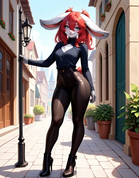 masterpiece, best quality, very aesthetic, absurdres,
outdoors,
full body, standing, posing, 
casual, 
seductive smile, parted lips, long eyelashes,
<lora:Naili_v01_NAIXL:1>
Naili,1girl,solo,furry,furry female, rabbit girl, rabbit ears, red hair, twintails, bangs, hair between eyes, blue eyes, snout, animal nose, buck teeth, body fur, white fur, rabbit tail,