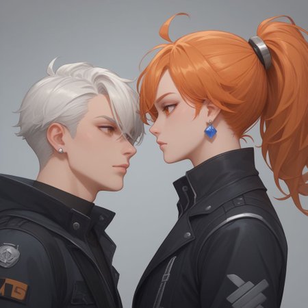 (score_9), (score_8_up), (score_7_up), (score_6_up), (score_5_up), (score_4_up), create an image of 1boy, orange eyes, high ponytail, orange hair, ombre orange to white, gradient orange to white, one white hair streak, one white hairstreak right side, modern cyber clothes, white and black outfit, a lot of silver accessories, silver accessory, gemstone earrings, gloomy, Zyrnox style