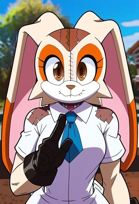 score_9, score_8_up, score_7_up,1 male,upper body, close up, pointing at viewer
   , masterpiece, beautiful,solo, 1male, Ultideadpool,
AliceSoulCream, 1girl, animal ears, w rabbit ears, furry, rabbit girl, furry female, stitches, animal nose, large, expressive creepy white eyes, patchwork design on face, elongated ears, cream the rabbit, plush toy, doll, stitched-up face, stylized cartoon creature, stitched appearance, wide unsettling smile, washed up colors, sitched mouth, large stitched eyes, doll-like appearance with a mix of pink and cream colors
,  red-and-black tactical suit, skintight, black padding on shoulders,black gloves,muscular build,  standing, battle pose, outdoor,