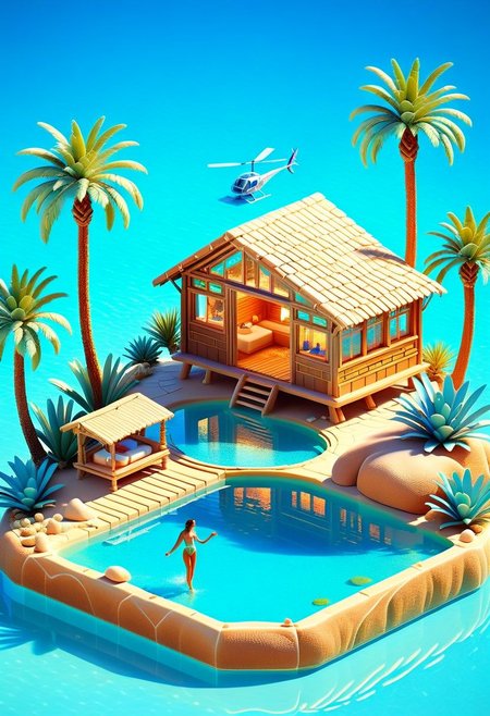 ispzxll, diorama, isometric, miniature, volumetric lighting style, intricate details, desert oasis scene, man and woman bathing in crystal-clear blue water lake, palm trees, tiny cabin, helicopter