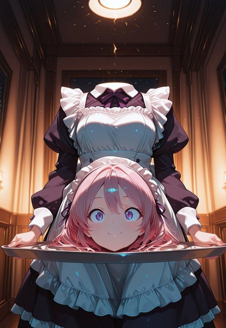 (masterpiece), best quality, amazing quality, very aesthetic, absurdres, newest, cowboy shot, extreme dutch angle, low angle, solo, woman, CivChan, purple eyes, pink hair, maid outfit, headless, puffy sleeves, apron, holds a tray with both hands, disembodied head on tray, sparks, disembodied head, warm smile, interior, cozy living room, volumetric lighting, cinematic lighting. <lora:CivChan:1> <lora:lightingSlider:0> dark, late night, blue hour <lora:add-detail-xl:1> <lora:disembodied_head_smooth_shoulder_V2illust:1> disembodied_head_smooth_shoulder,  Smooth Quality