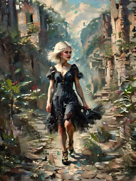 score_9, score_8_up, score_7_up, character in profile, walking, looking at surroundings, 1girl, pale skin, medium breasts, goth dress, gothic, black dress, detailed dress, black high heeled shoes, Long white hair, young face, <lora:OilpaintIMP:1> 0cmtr1g, 0cm, 0cm1sc, 4rch, The fall of ancient power, the towers topple, the ruins return, and she remains,highly detailed