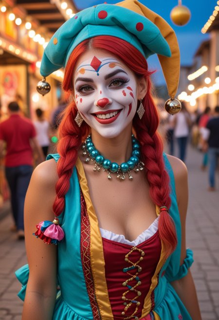 (medium full shot) of man, (mischievous jester) young woman, spanish, tan skin, turquoise eyes, slim build, extra long red pigtails hair, wearing a jester hat with bells, diamond-patterned tunic with tinkling bells, jester shoes , colorful scarf, set in  Clown Alley, area with clowns performing tricks, colorful decorations, children laughing, sound of honking horns and music, smell of cotton candy , at night, woman smiling at the viewer, Masterpiece,best quality, photo, realistic, very aesthetic, detailed face,