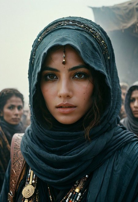 polaroid film photography, Describe the captivating Closeup scene captured in the photograph featuring a female Sci-fi Bedouin freckled time traveler in the style of Final Fantasy, amidst a mesmerized audience. Provide details about the artist's attire, sci-fi clothes intricate design, and the expressions of the onlookers as they witness this extraordinary performance. Atmospheric haze 
very detailed, hd, RAW photograph, masterpiece, top quality, best quality, official art,highest detailed, atmospheric lighting, cinematic composition, complex multiple subjects, 4k HDR, vibrant, highly detailed, Leica Q2 with Summilux 35mm f/1.2 ASPH, Ultra High Resolution, wallpaper, 8K, Rich texture details, hyper detailed, detailed eyes, detailed background, dramatic angle, epic composition, high quality , (8k, RAW photo, highest quality), hyperrealistic,