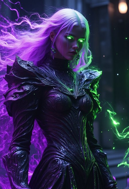 FFAIM, A seductive beautiful  necromancer witch casting colorful nencromantic magic, purple black necrotic green,  necrotic dark green armour made of bones and skulls,  magical particles in the air, rusty skull armour, face covered, in fantasy graveyard, dramatic lightning,  hkmagic,