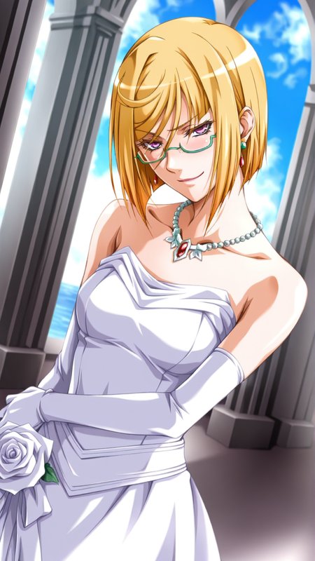 source_anime, general, best quality, masterpiece, 1girl,  <lora:Trya_ill_v1.0:1> trya\(srw\),blonde hair, purple eyes,bob cut,swept bangs, sidelocks,  jewelry, earrings,  green-framed eyewear, semi-rimless eyewear, wedding dress,chapel, seductive smile, (smug:0.8),  dynamic pose, dutch angle, cowboy shot,