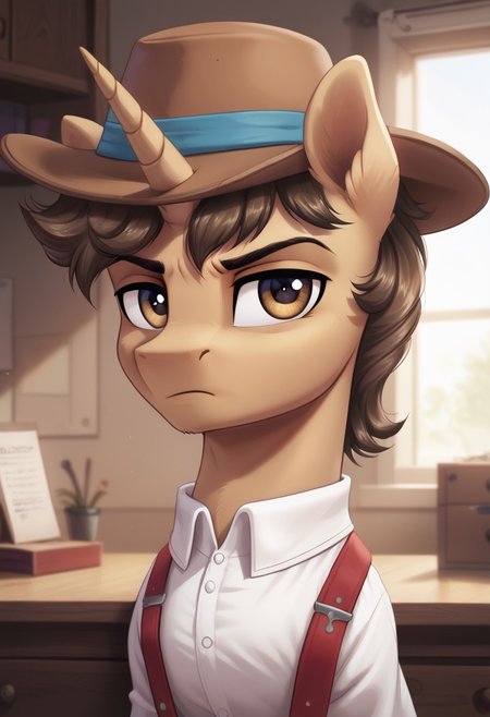 score_9, score_8_up, score_7_up, score_6_up, score_5_up, score_4_up, score_3_up, score_2_up, score_1_up, g4, solo, pony, feral pony, male, unicorn, white blouse, brown hat, suspenders, serious, cabinet, look at you, cute, glare, high res, detailed face, portrait, bust, face