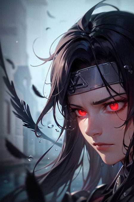 (ItachiUchiha:0.9),best quality, more details, masterpiece, portrait, 1boy, male focus, (mature male:1.4), (evil:1.2),(from below:1),akatsuki uniform,rain, bird, black feathers, black hair, cloudy sky, crow, dark background, falling feathers, fantasy, feathers, forehead protector, glowing, glowing eyes, headband, konohagakure symbol, mangekyou sharingan, night sky, ninja, solo, red eyes, sharingan, solo, somber expression, looking down, dark energy, colorful, vibrant colors, portal to another world, side view, ((face_focus, zoomed_face, zoomed_in, bokeh, underwater, water, wet_surface,)) 
bloody, evil, dark,moody, spooky background, villian, colorful, beautiful, 
ultra realistic, intricate details, elegant, hyper realistic, tonemapping, hyperfocus, sharp focus, hyperdetailed,intricated detail, shiny, realism, [colorful], [volumetric lighting],photorealistic realistic, luxurious, close_up, 8k, detailed, unreal engine 5, ray tracing, 8k, cinematic, depth of field, octane render,realistic lighting, cinematic lighting, small gold particles,
