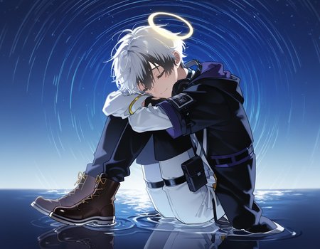 1boy, solo, adnachiel \(arknights\), adnachiel, tilted halo, yellow eyes, bright pupils, short hair, white hair, streaked hair, black hair, (y y \(ysk ygc\), lifeline \(a384079959\), yoneyama mai, quuni:1.2), nyalia, depth of field, (star trail:1.3), starry sky, night sky, ocean, reflection, reflective water, afloat, sitting, hugging own legs, head on knees, closed eyes, light smile, short over long sleeves, white shirt, white gakuran, white sleeves, sleeve cuffs, headphone around neck, black headphones, choker, black jacket, short-sleeved jacket, open jacket, two-tone pants, black pants, white pants, thigh strap, thigh pouch, bandana around arm, purple bandana, black gloves, brown boots, fingerless gloves, perfect eyes, perfect face, masterpiece, best quality, newest, absurdres, highres, <lora:Adnachielå®å¾·åå°5 lora.TA_trained:0.8>, <lora:nyalia:0.4>,