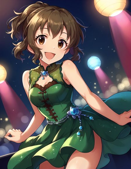 score_9,score_8_up,score_7_up,1girl,solo,cowboy shot,looking at viewer,smile,open mouth,stage lights,
<lora:namikimeiko_ponyXLV6:0.8>,cgnmi,
brown hair,short hair,ponytail,brown eyes,
green dress,sleeveless